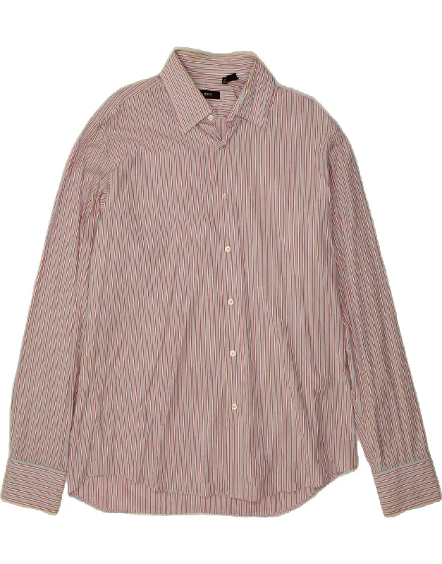 HUGO BOSS Mens Shirt Size 17 XL Blue Striped Cotton Hooded Caped Shawl Collar