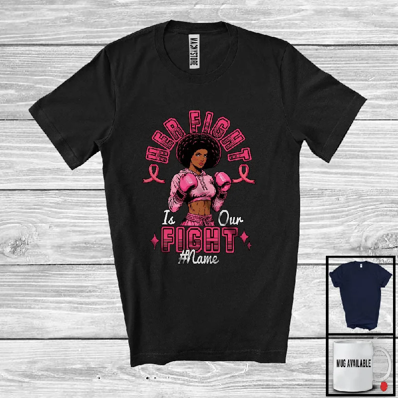 Personalized Her Fight Is Our Fight; Lovely Breast Cancer Custom Name Afro Women; Warrior Proud T-Shirt Zippered Front Buttoned Front Snap Front
