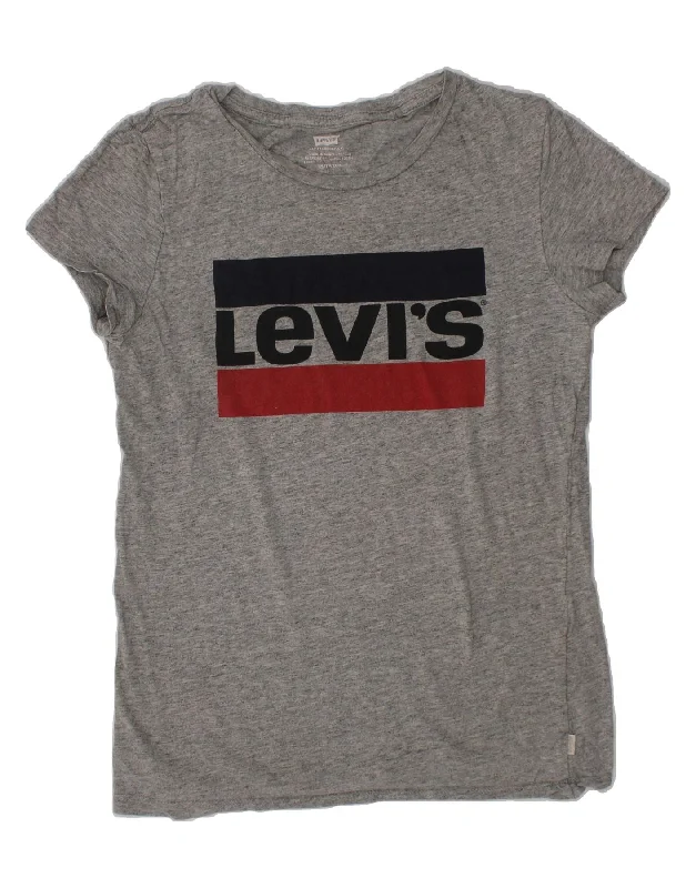 LEVI'S Girls Graphic T-Shirt Top 11-12 Years XS Grey Denim Fabric Leather Fabric Suede Fabric
