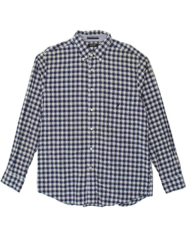 NAUTICA Mens Shirt XL Navy Blue Gingham Cotton Striped Floral Plaid