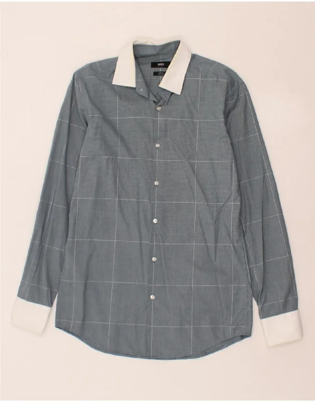 HUGO BOSS Mens Slim Fit Shirt Size 38 15 Medium Navy Blue Check Cotton Seamless Knitted Crochet