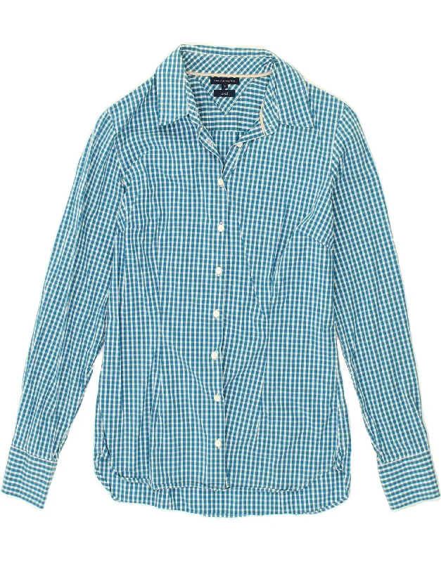 TOMMY HILFIGER Womens Shirt US 8 Medium Blue Gingham Cotton Zippered Buttoned Snapped