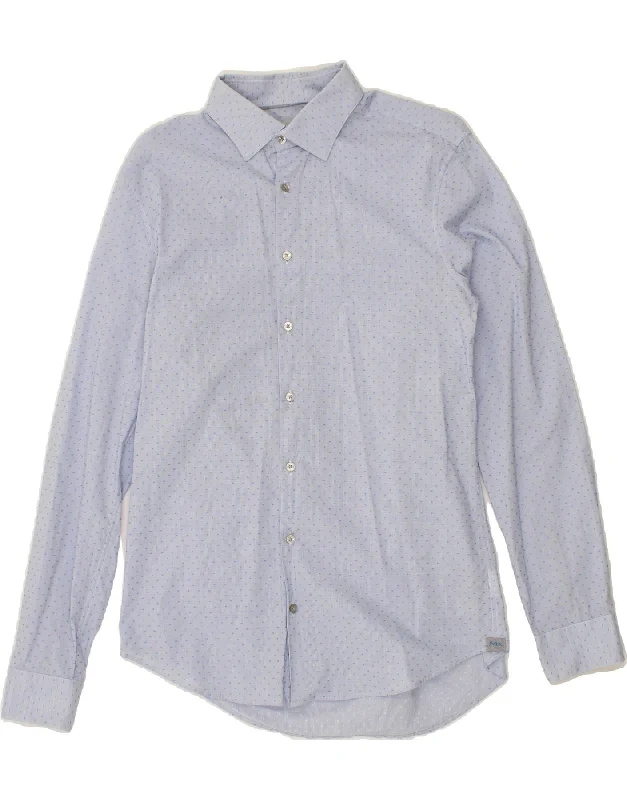 MICHAEL KORS Mens Slim Fit Shirt Size 15 1/2 39 Medium Blue Spotted Cotton Machine Wash Dry Clean Hand Wash