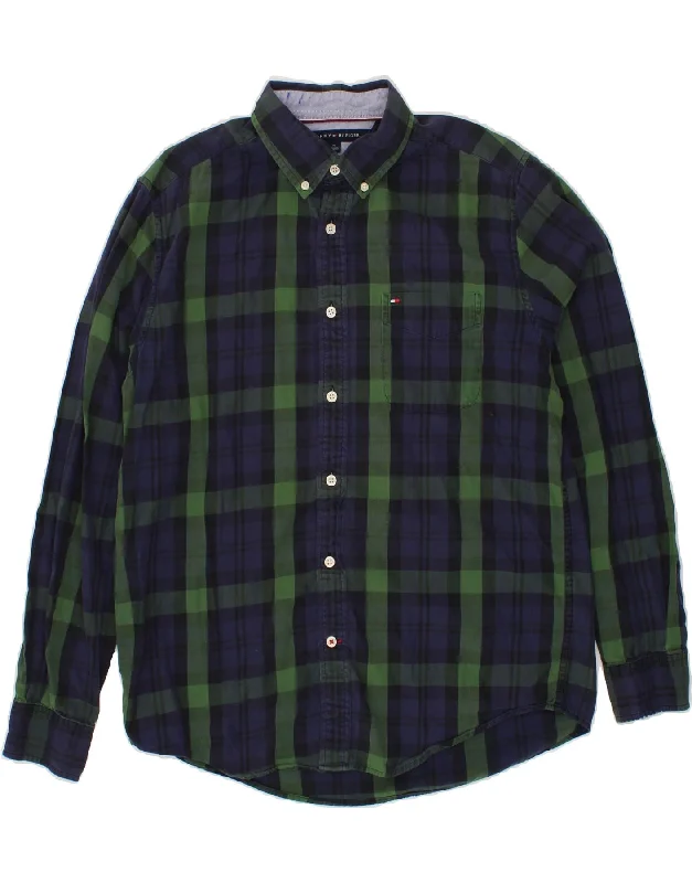 TOMMY HILFIGER Mens Classic Fit Shirt Medium Navy Blue Check Cotton Lace Blend Ribbed Blend Corduroy Blend