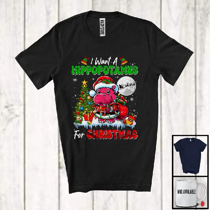 I Want A Hippopotamus For Christmas; Lovely X-mas Tree Santa Hippo Wild Animal; Women Family T-Shirt Cotton Fabric Linen Fabric Terry Fabric