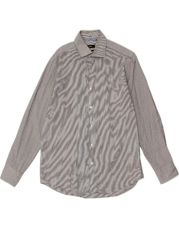 HUGO BOSS Mens Regular Fit Shirt Large Grey Pinstripe Notch Collar Peter Pan Collar Cowl Neck