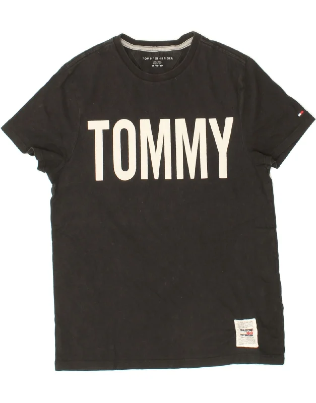 TOMMY HILFIGER Womens Graphic T-Shirt Top UK 6 XS Black Cotton Knit Fabric Woven Fabric Fleece Fabric