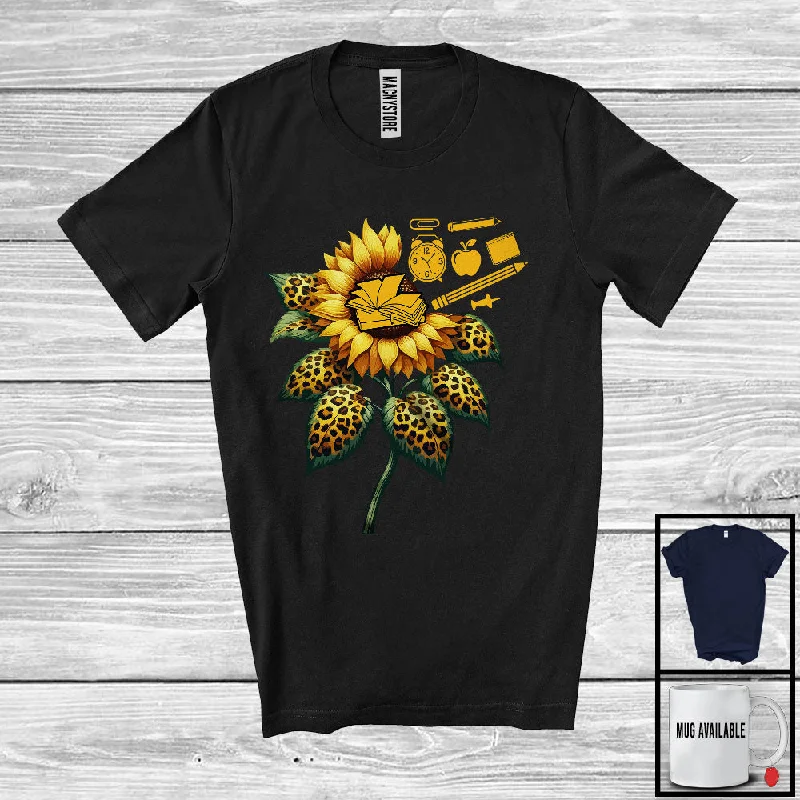 Leopard Sunflower With School Things, Lovely Sunflower Flowers Teacher, Women Family Group T-Shirt Fashionable Trendy Casual Leopard Sunflower With School Things, Lovely Sunflower Flowers Teacher, Women Family Group T-Shirt Fashionable Trendy Casual