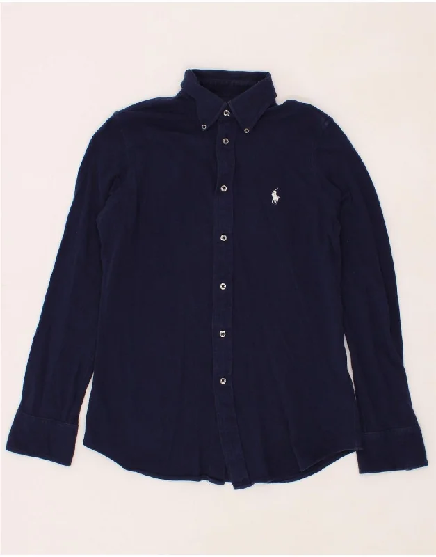 RALPH LAUREN Mens Shirt Medium Navy Blue Cotton Polka Dot Checkered Tartan