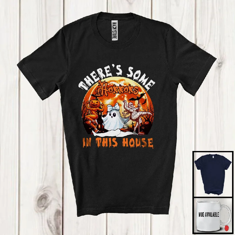 There's Some Horrors In This House; Scary Halloween Moon Dancing Boo Pumpkin; Women Dancer T-Shirt Asymmetrical Pockets Print