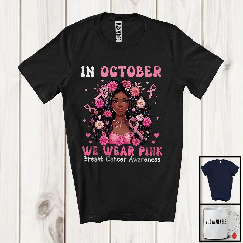 In October We Wear Pink; Lovely Breast Cancer Awareness Ribbon Flower; Women Afro African T-Shirt Rayon Fabric Velvet Fabric Corduroy Fabric