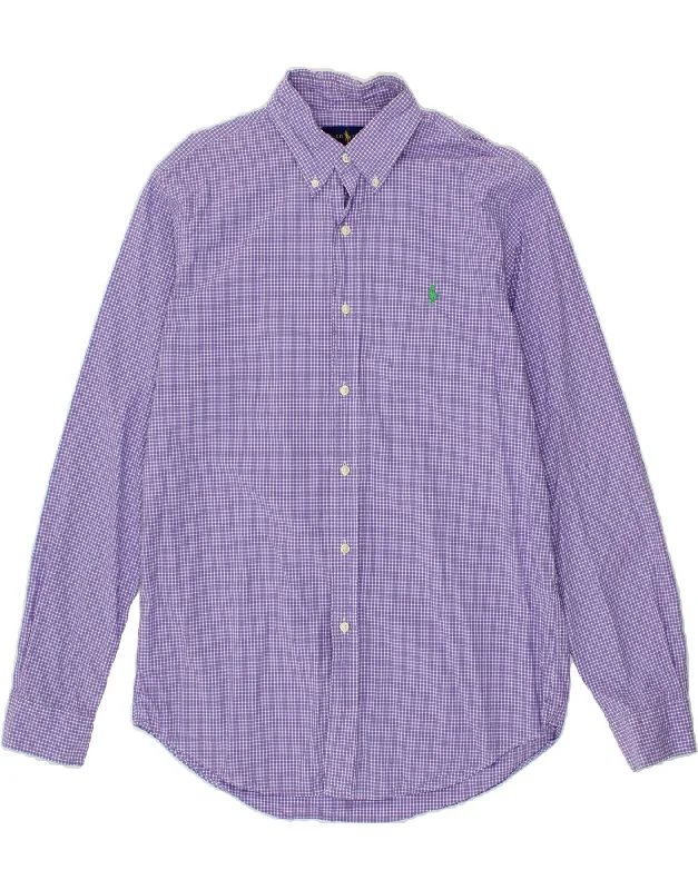 RALPH LAUREN Mens Shirt Medium Purple Gingham Cotton Zippered Front Buttoned Front Snap Front