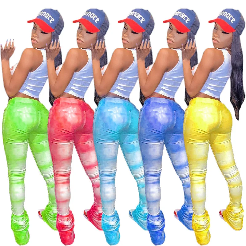 2022 New design women clothes Fashion Women Mid Waist Tie Dye Pleated Stacked Leggings Flared Pants for women Comfortable Stretch Leggings