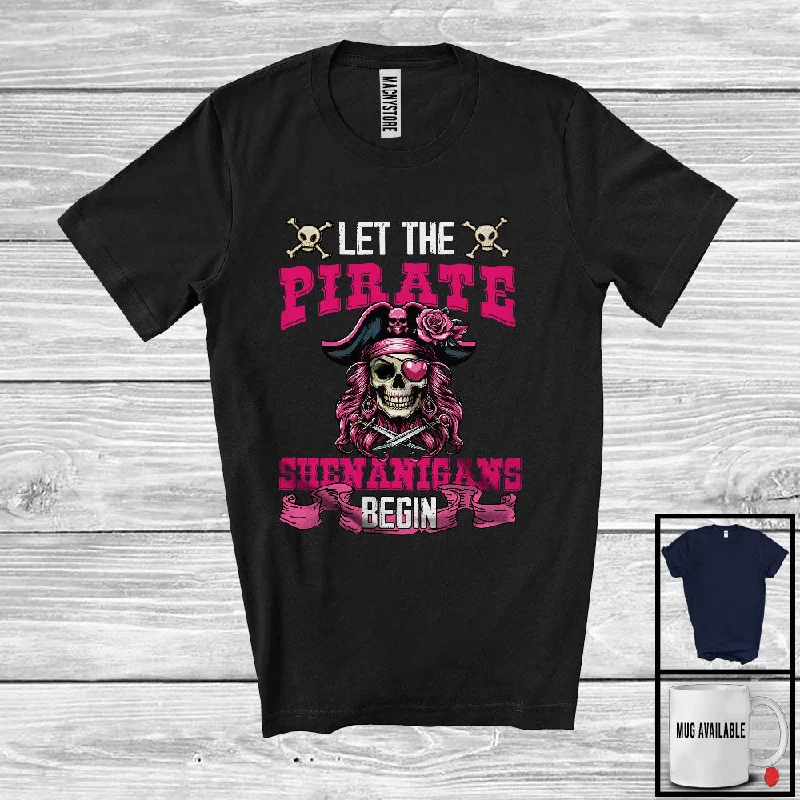 Let The Pirate Shenanigans Begin; Creepy Halloween Pirate Skull Women; Family Group T-Shirt Silk Blend Satin Velvet
