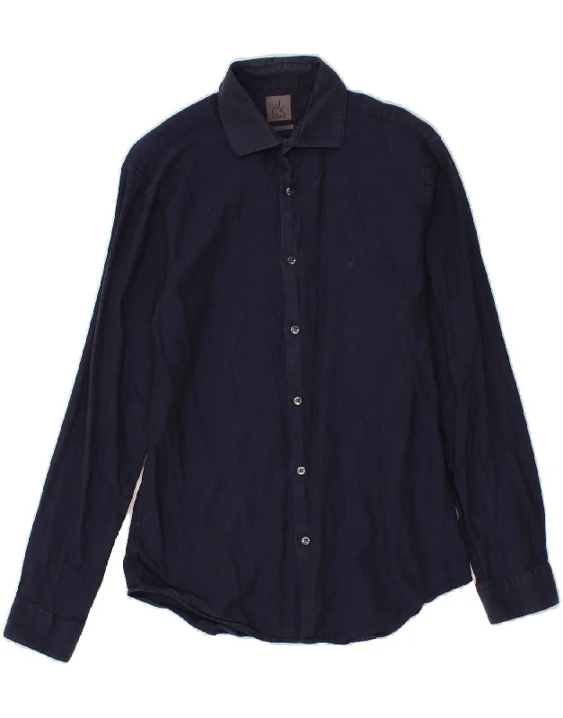 CALVIN KLEIN Mens Fitted Shirt Size 38/15 Medium Navy Blue Cotton Satin Blend Silk Blend Wool Blend