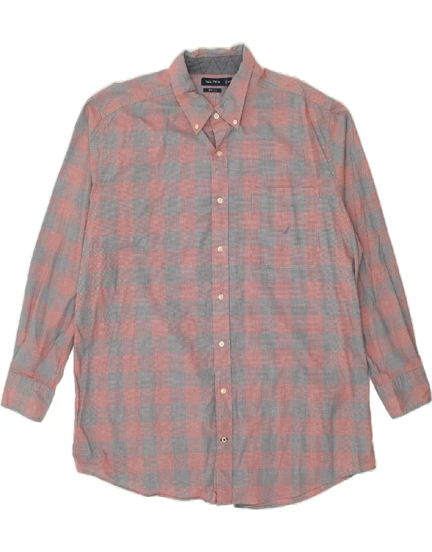 NAUTICA Mens Shirt 2XL Pink Check Cotton V-Neck T-Shirt Long Sleeve Cotton