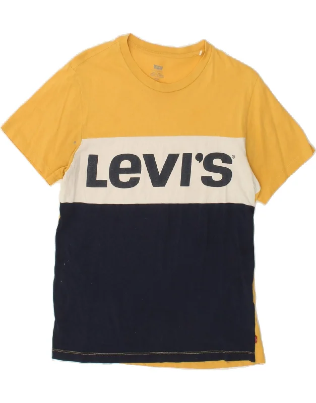 LEVI'S Mens Graphic T-Shirt Top Small Yellow Colourblock Cotton Real Fur Shearling Chenille