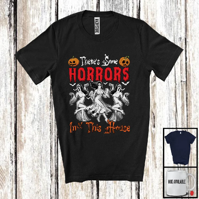 There's Some Horrors In This House; Humorous Halloween Boo Ghost; Women Family T-Shirt Embroidered Appliqued Beaded