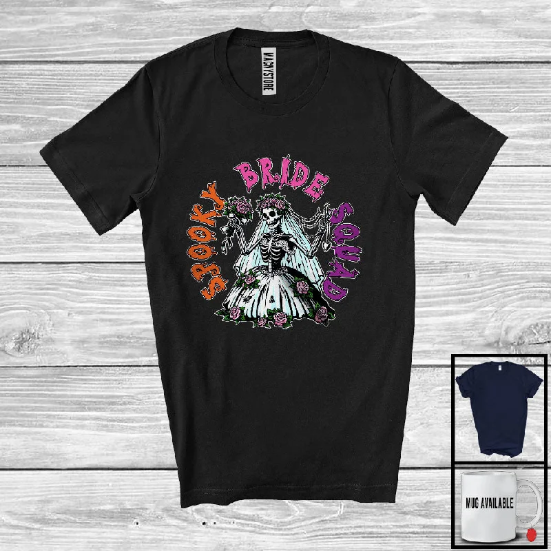 Spooky Bride Squad; Creepy Halloween Bachelorette Party Skeleton Women; Couple Flowers T-Shirt Solid Print Embellished