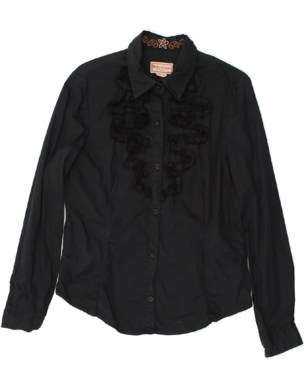 MARLBORO CLASSICS Womens Ruffle Front Shirt EU 48 2XL Black Cotton Satin Blend Silk Blend Wool Blend