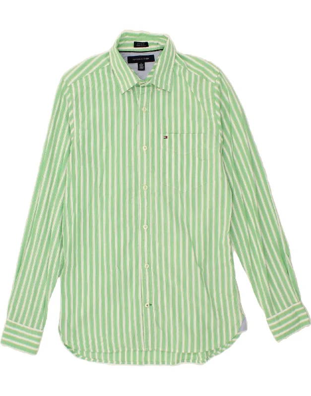 TOMMY HILFIGER Mens Coupe Ajustee Custom Fit Shirt XS Green Striped Cotton Zippered Front Buttoned Front Snap Front TOMMY HILFIGER Mens Coupe Ajustee Custom Fit Shirt XS Green Striped Cotton Zippered Front Buttoned Front Snap Front