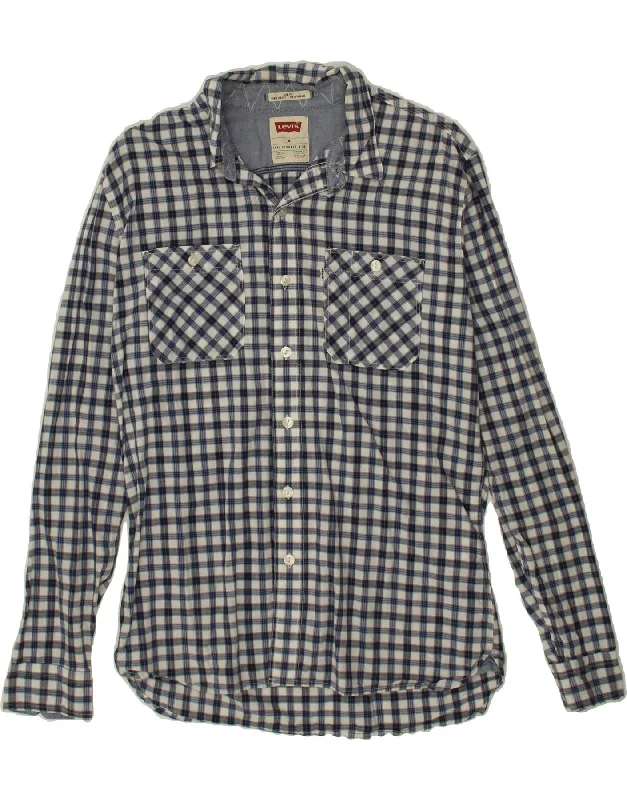 LEVI'S Mens Slim Fit Shirt Medium Navy Blue Check Cotton Notch Collar Peter Pan Collar Cowl Neck
