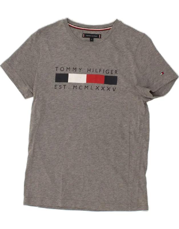 TOMMY HILFIGER Mens Graphic T-Shirt Top XS Grey Cotton Beaded Sequined Faux Fur