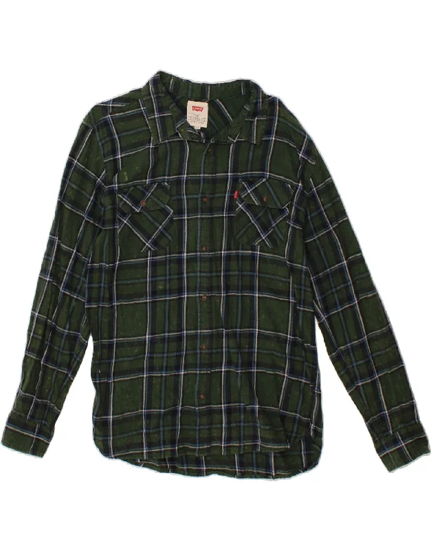 LEVI'S Mens Flannel Shirt XL Green Check Cotton Boxy Fit Fitted Loose