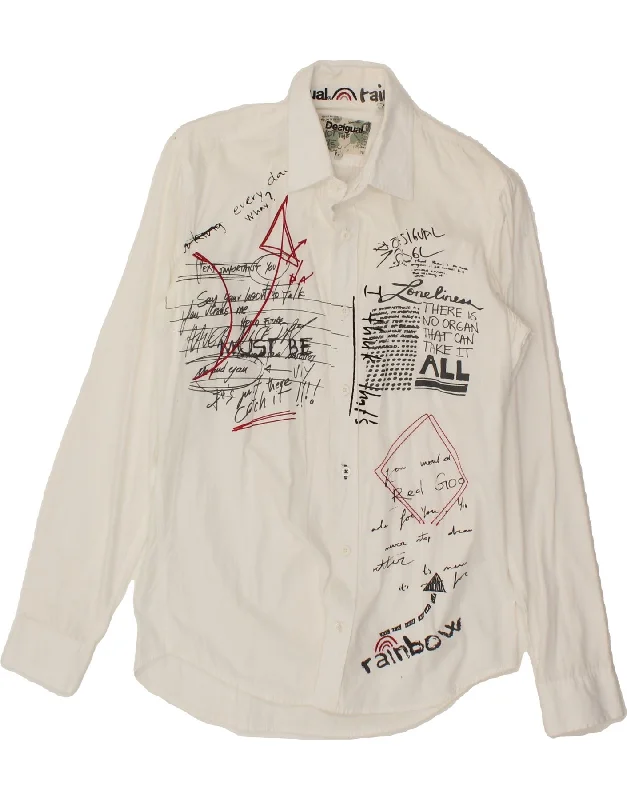 DESIGUAL Mens Regular Fit Graphic Shirt Small White Denim Fabric Leather Fabric Suede Fabric