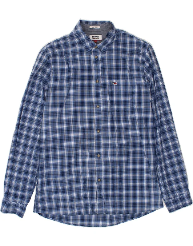 TOMMY HILFIGER Mens Regular Fit Shirt Medium Blue Check Cotton Notch Collar Peter Pan Collar Cowl Neck