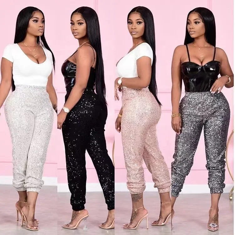 OUDINA New Casual Sequins Pencil Ladies Cargo Pant Leggings Women Sequined Pants Cozy Cotton Leggings