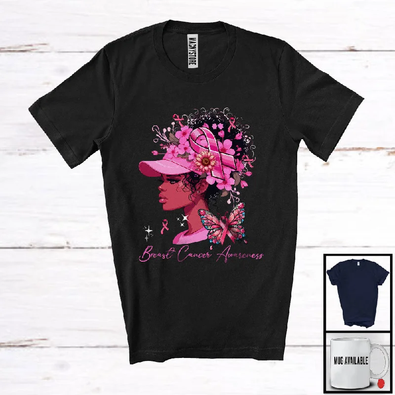 Breast Cancer Awareness; Adorable Black Afro Women Flowers Butterfly; Pink Ribbon Warrior Proud T-Shirt Iron Safe Non-Iron Wrinkle Free