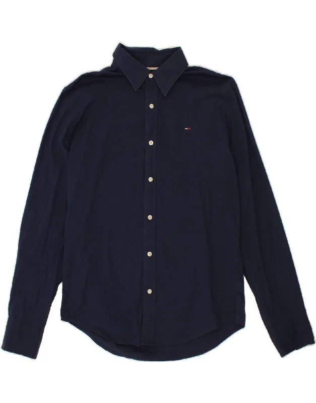 TOMMY HILFIGER Mens Shirt Large Navy Blue Cotton Mesh Blend Leather Blend Suede Blend