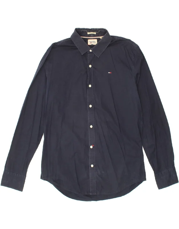 TOMMY HILFIGER Mens Shirt XL Navy Blue Cotton Ribbed T-Shirt High Neck Heavyweight