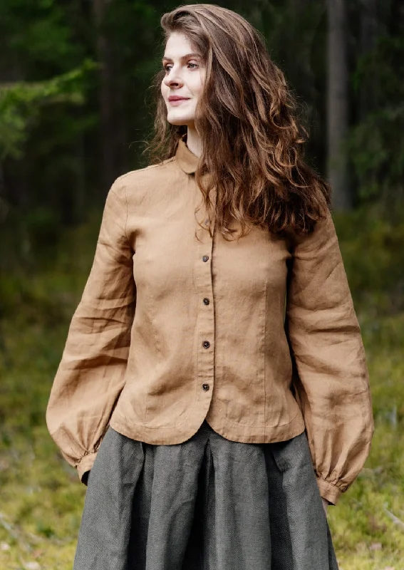 Fitted Sophie Shirt, Long Sleeve, Hemp, Camel Brown Houndstooth Herringbone Solid