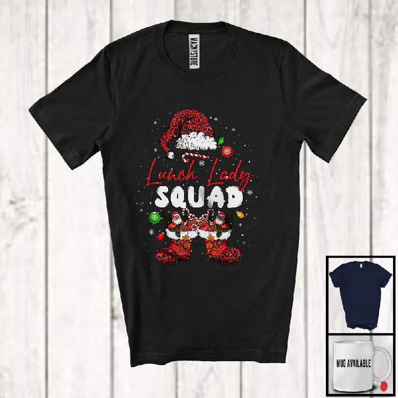 Lunch Lady Squad; Cheerful Christmas Leopard Santa Costume Snowing; Women Jobs Group T-Shirt Mesh Canvas Denim
