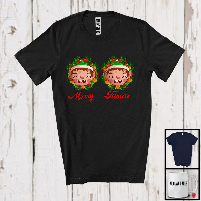 Merry Titmas; Sarcastic Christmas ELF Boobs; Naughty Matching X-mas Women Family Group T-Shirt Rayon Velvet Corduroy