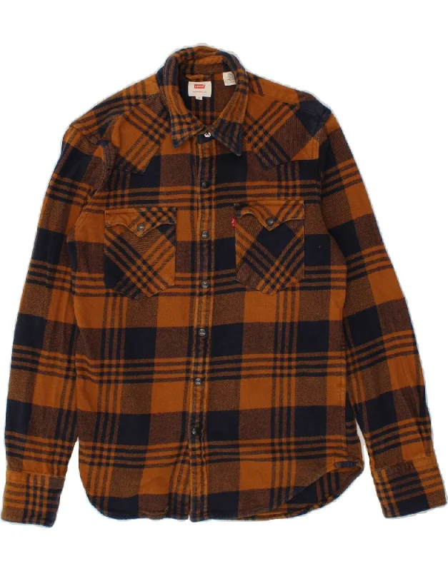 LEVI'S Mens Flannel Shirt Small Orange Check Cotton Mesh Blend Leather Blend Suede Blend