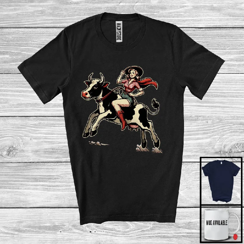 Vintage Girl Women Riding Cow; Humorous Farm Cow Farmer; Family Group T-Shirt Jersey Fabric Tulle Fabric Batik Fabric