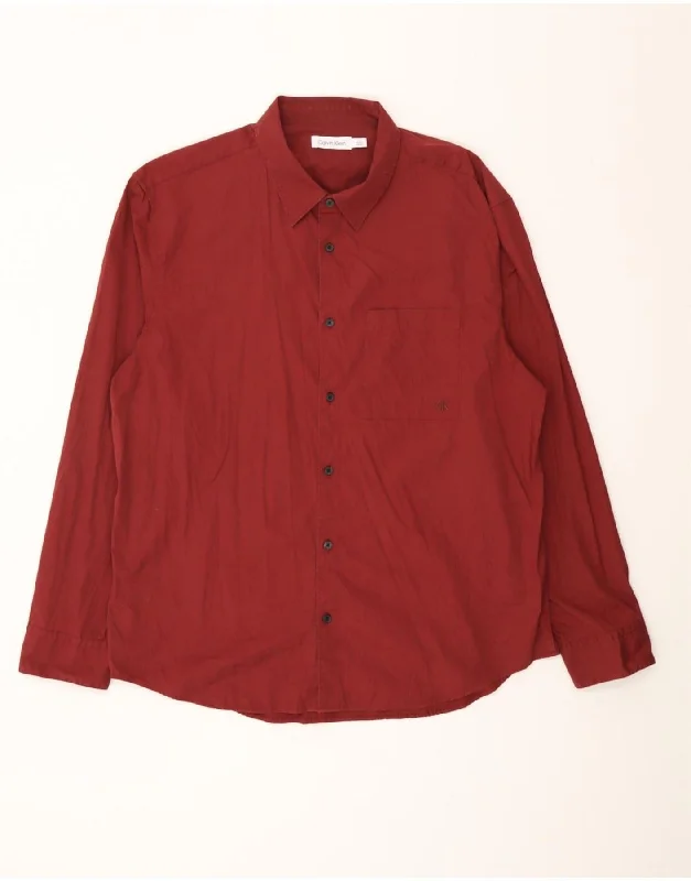 CALVIN KLEIN Mens Shirt Large Red Cotton V-Neck T-Shirt Long Sleeve Cotton