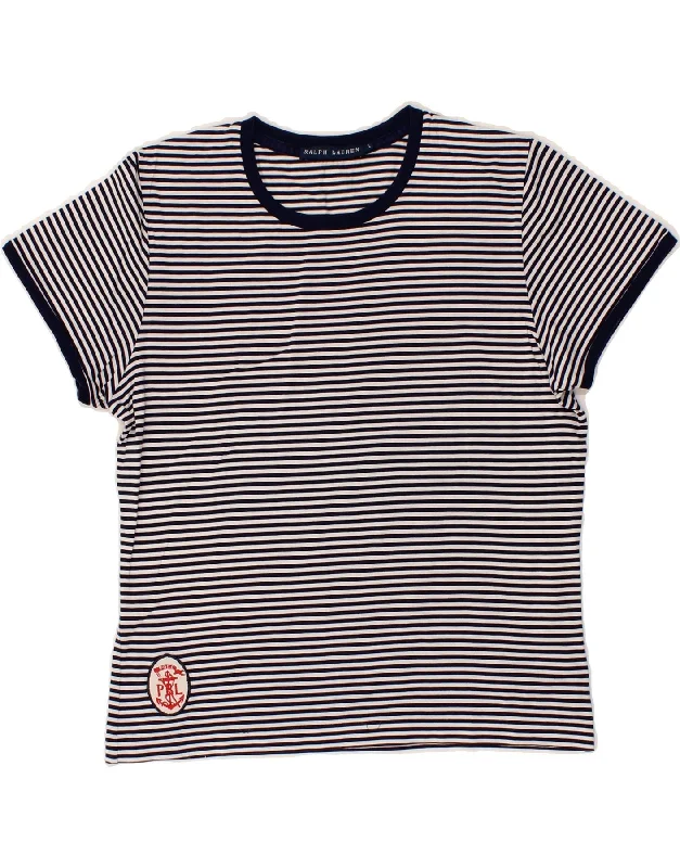 RALPH LAUREN Womens T-Shirt Top UK 14 Large Navy Blue Striped Cotton Graphic Embroidered Appliqued
