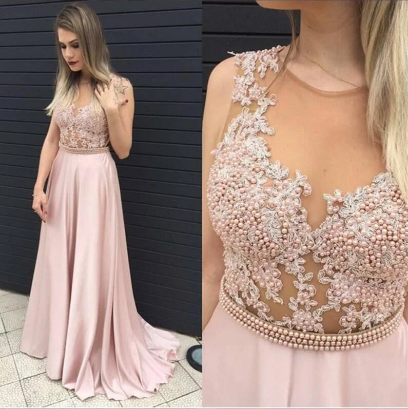 Lace Blush Pink Evening Prom Dresses, 2017 Long Sexy See Through Party Prom Dress, Custom Long Prom Dress, Cheap Party Prom Dress, Formal Prom Dress, 17033 Tunics Fashionable trendy