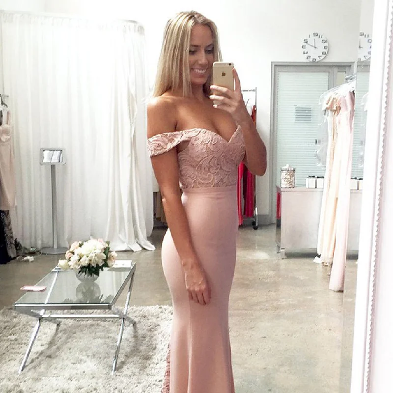 Mermaid Off Shoulder Evening Dresses, Lace Prom Dresses , Pink Backless Prom Dress, LB0546 Tunics Trendy modern