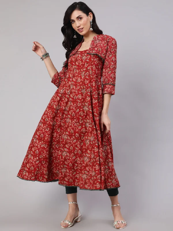 Women's Red Floral Print Flared Anarkali With Crop Jacket - Aks Welt Pockets Slit Pockets Flap Pockets