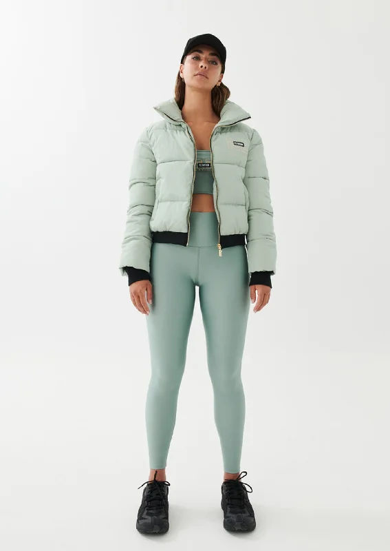 RAMP RUN PUFFER JACKET IN ICEBERG GREEN Satin Jacket Silk Jacket Chiffon Jacket