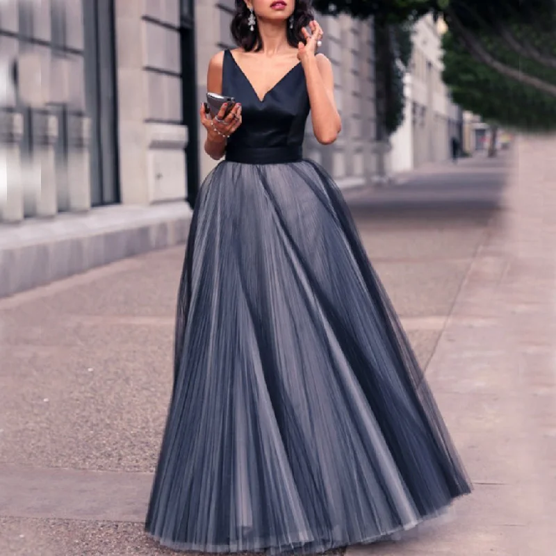 Tulle Sleeveless V-Neck Prom Dresses, A-Line Floor-length Satin Prom Dress, LB0837 Turtleneck Warm Winter
