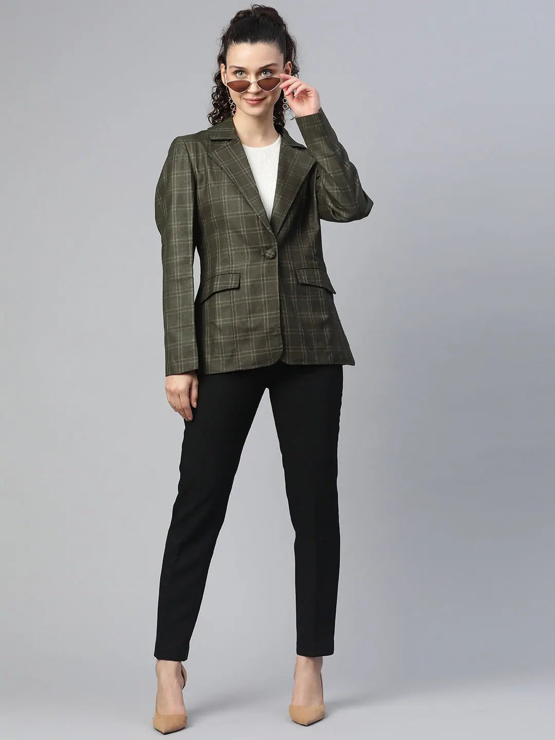 Women Checkered Plus Size Green Collared Neck Full Sleeve Jacket Chenille Fabric Brocade Fabric Lace Fabric