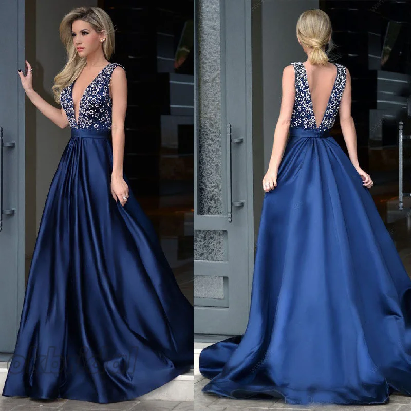 Long Prom Dresses, Satin Prom Dresses, Deep V-Neck Prom Dresses, Beading Prom Dresses, Sexy Prom Dress, Floor-length Prom Dress, LB0862 Crew Neckline Sporty