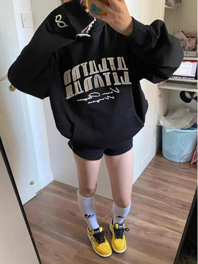 Advbridge Vintage Black Hoodies Women Y2k Oversized Embroidery Hip Hop Style Hooded Sweatshirts American Retro Casual Harajuku Hoodie with Hood Adjustable Protection Advbridge Vintage Black Hoodies Women Y2k Oversized Embroidery Hip Hop Style Hooded Sweatshirts American Retro Casual Harajuku Hoodie with Hood Adjustable Protection