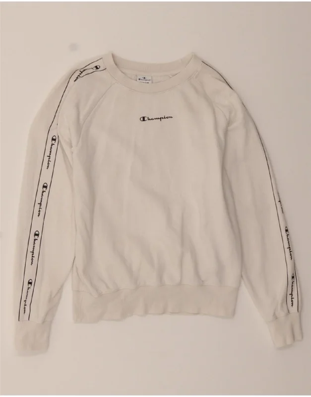 CHAMPION Womens Graphic Sweatshirt Jumper UK 14 Medium White Cotton Hoodie with Slim Fit Tailored Modern